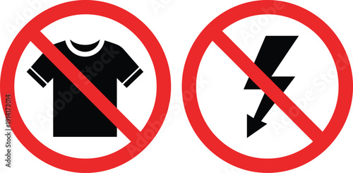 Prohibition sign icon set showing no clothing and no electricity symbols for safety warnings and regulations