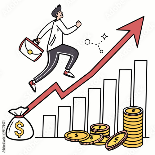 Man running up red arrow with money bag and coins