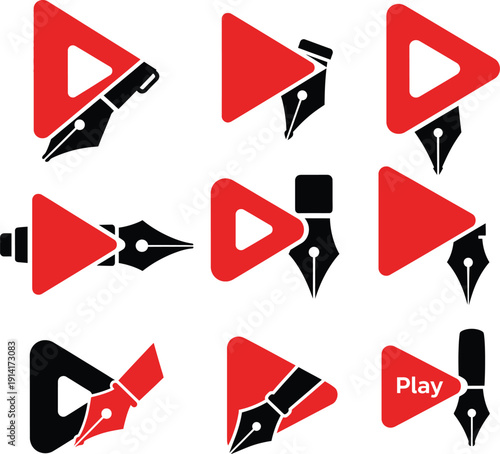 Collection of creative red play button icons combined with fountain pen nib symbols for video editing storytelling and digital content creation branding.