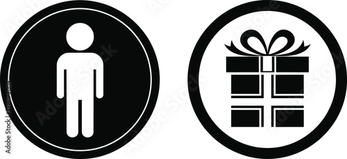 User profile and gift icon set in black and white circle style for apps rewards and interface design