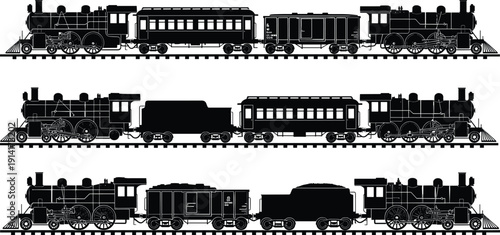 Steam train composition silhouette vector set, black white clipart of locomotives passenger boxcar coal tender railway transport, rail illustration artwork bundle