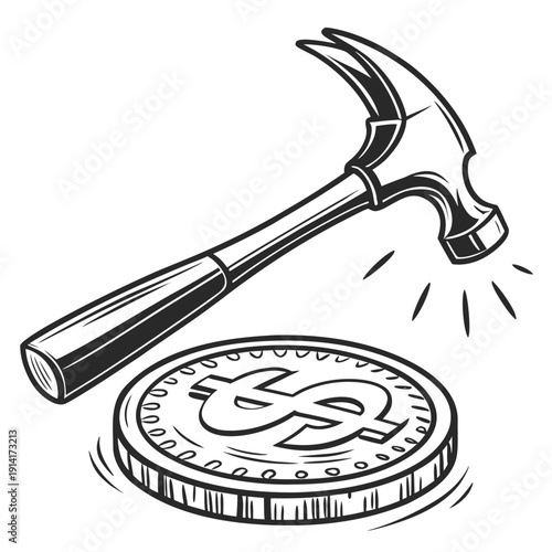 Black and white of hammer hitting coin with dollar sign