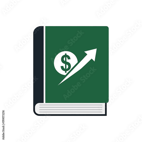 A green book with a dollar sign and an upward arrow on the cover.