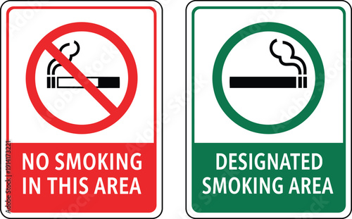 No smoking and designated smoking area sign icon set for public safety regulations and facility signage design