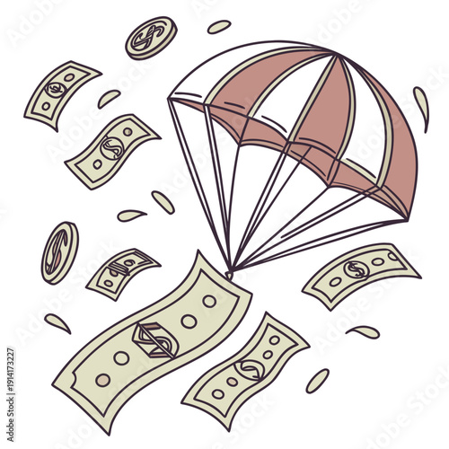 Parachute with dollars and coins falling money
