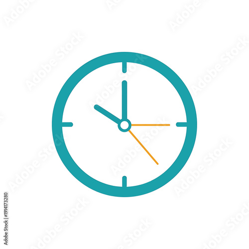 A modern clock with blue and orange hands on a white background