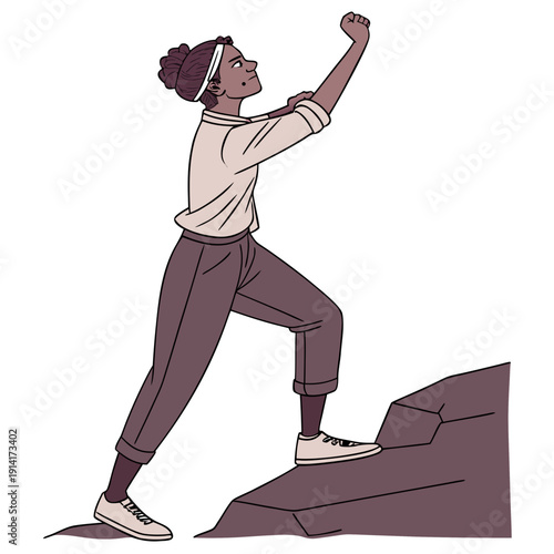 Woman standing on rock with raised fist person cliff
