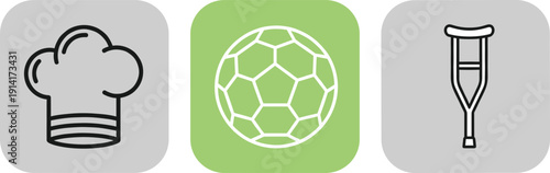 Icon set with chef hat soccer ball and crutch symbols for lifestyle sports healthcare and user interface design
