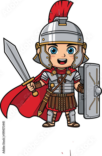 Cute cartoon Roman soldier character in traditional armor with a red cape, helmet, sword, and shield for history education and kids fantasy.