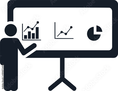 Business Presentation Stick Figure Charts Graphs Analysis Board Report Statistics Icon