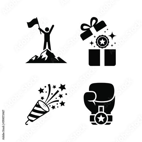 Success Victory Achievement Trophy Gift Box Fireworks Boxing Glove Celebration Icon Set