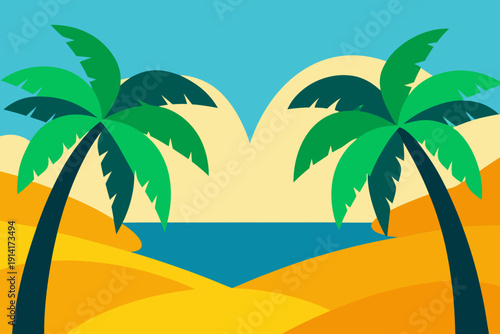 Tropical beach scene with palm trees at sunset