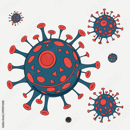 Cartoon coronavirus particles with red spots and protrusions