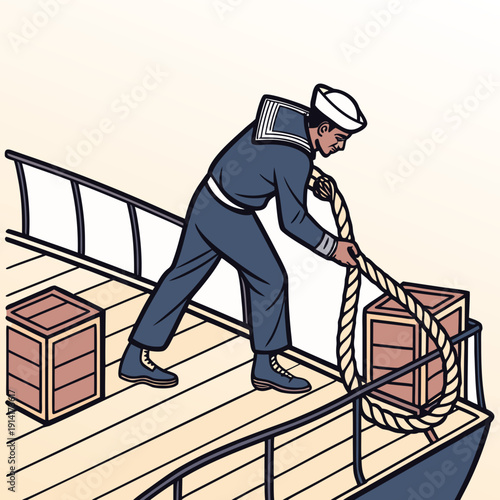 Sailor securing rope on deck boat navy