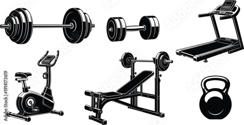 Gym Equipment Black and White Silhouettes including vector
