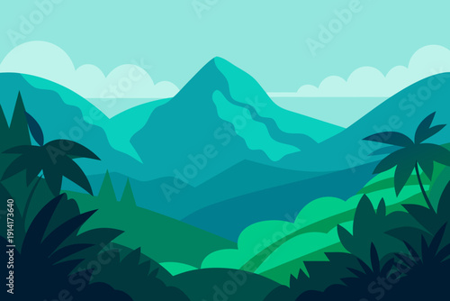 Tropical mountain landscape with palm trees and lush greenery