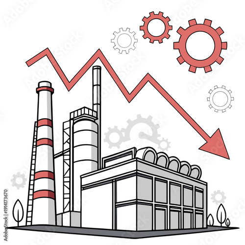 Factory with smokestacks and declining graph industrial