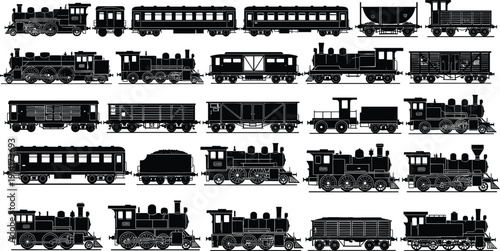Vintage train silhouette vector set, black white clipart of steam locomotives passenger freight cars railway transport, rail illustration artwork bundle