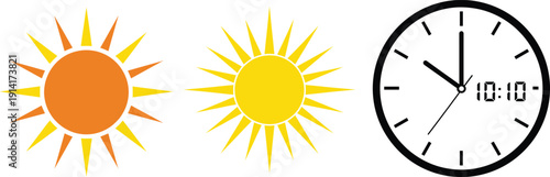 Sun and clock icon set showing daylight time concept for weather schedules and time management design