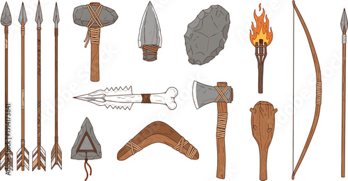 Primitive Stone Age Weapons and Tools Vector Set