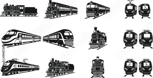 Train silhouette vector set, black white clipart of steam locomotives high-speed rail electric commuter transport, railway illustration artwork bundle