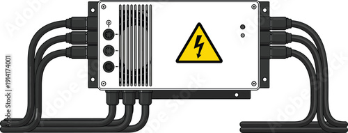Electrical Control Box with Warning Symbol and Cables on White Background vector illustration