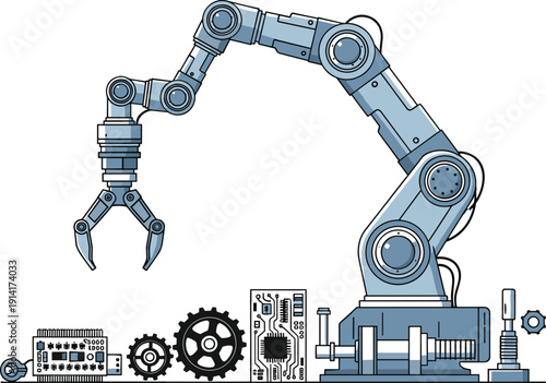 Industrial Robotic Arm and Electronic Components on White Background automation manufacturing