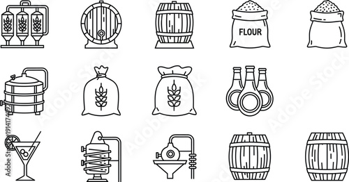 Brewing and Distillery Equipment Line Icon Set Featuring Barrels, Grain Sacks, Fermentation Tanks, and Alcohol Production Tools