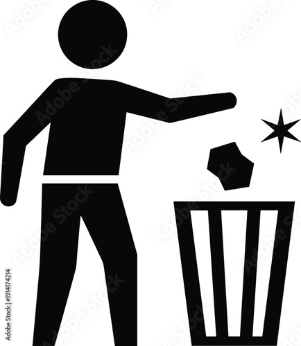 Person throwing trash into a bin icon with a starburst Keywords: trash, bin, garbage, disposal, waste, litter, icon, symbol