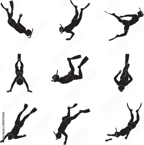 Collection of snorkeling and diving silhouettes in various poses