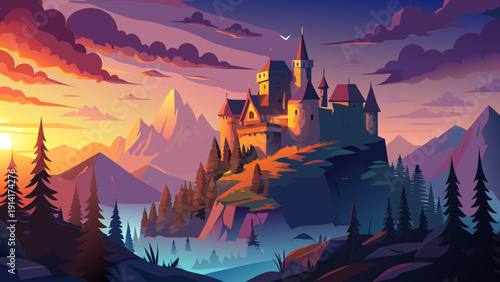 Very beautiful medieval castle rising above misty forests in Transylvania, dramatic towers silhouetted against a twilight sky.