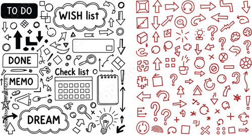 Hand drawn doodle vector set with arrows, checklist boxes, sticky notes, speech bubbles, and planning elements for bullet journals, calendars, and office stationery.