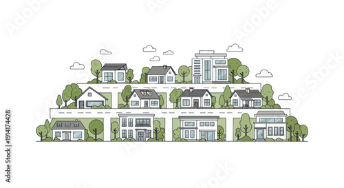 Diverse Modern Houses Collection: Architectural Styles, Trees, and Clouds