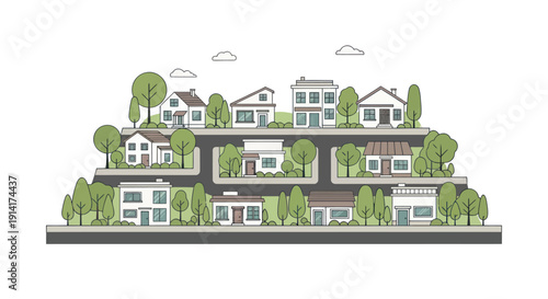 Suburban neighborhood illustration with diverse houses and green trees, clean lines cartoon style