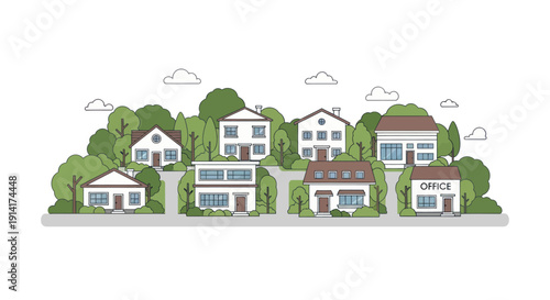 Charming Pixel Art Neighborhood with Diverse Houses and Greenery