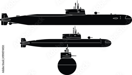 Submarine silhouette vector set, black white clipart of naval vessel side front views military marine transport, underwater illustration artwork bundle
