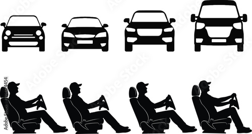 Silhouette of people sitting in a car and different car models