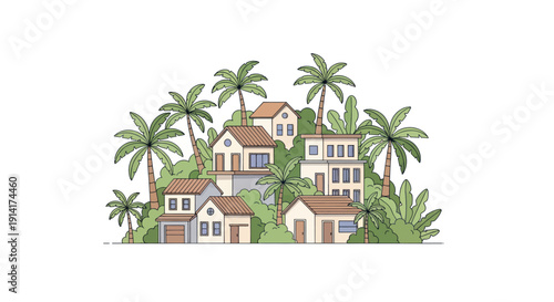 Tropical village illustration with palm trees and houses on a hill