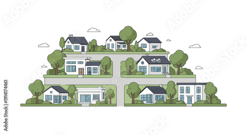 Modern suburban neighborhood with diverse houses and green trees, flat illustration