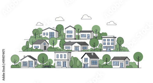 Charming Suburban Neighborhood with Modern Houses and Green Trees