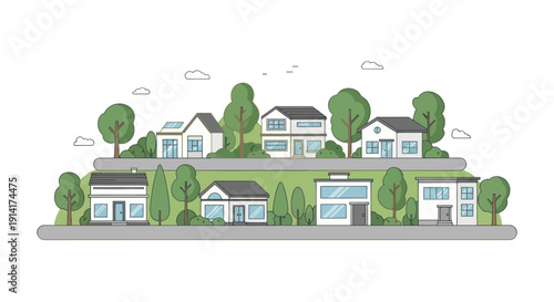 Modern Suburban Neighborhood with Flat Style Houses and Green Trees