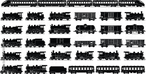 Train silhouette vector set, black white clipart of steam locomotives freight passenger cars high-speed rail, transport illustration artwork bundle