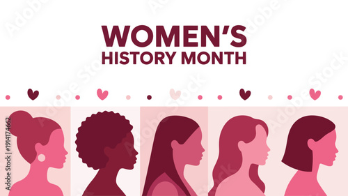 women’s history month banner with diverse female profiles illustration, empowerment equality celebration poster design template