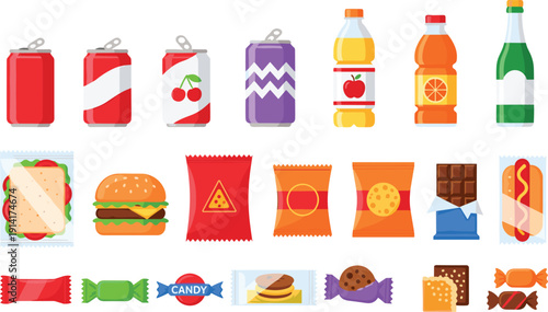Junk Food Snacks and Drinks Icon Set Vector