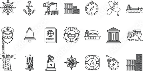 Nautical Navigation Line Icon Vector Set Featuring Compass, Anchor, Ship, Lighthouse, Passport, Cargo, and Maritime Travel Symbols
