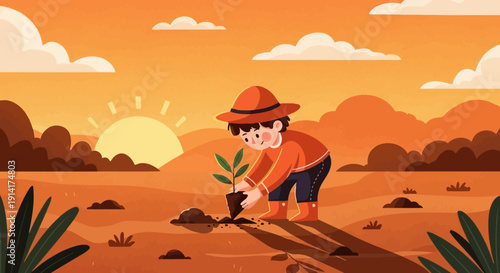 Illustration of a boy planting a sapling in a desert landscape during sunset, symbolizing environmental conservation and growth