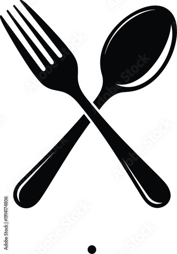 Black crossed fork and spoon silhouette icon for restaurant logo cafe menu design kitchen utensils and catering service branding vector illustration.