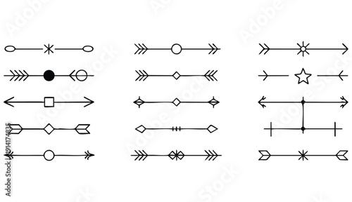 This image displays a collection of minimalist, line-art dividers and embellishments, presented as if on a white, flat background.