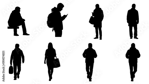 Silhouette of people walking and sitting in various poses vector set. Includes business people, commuters, travelers with luggage. Created in solid black style on white background.