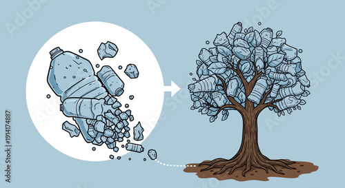 Plastic bottles transform into a thriving tree, illustrating recycling and ecological regeneration